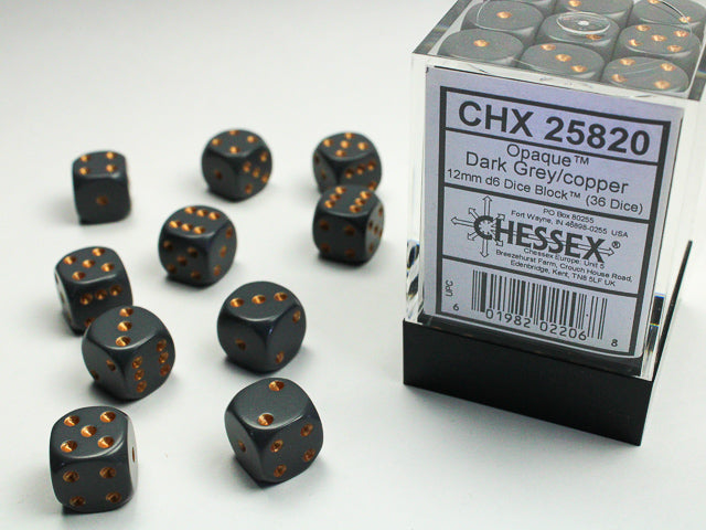 Chessex Opaque Dark Grey/copper 12mm d6 Dice Block (36 dice)