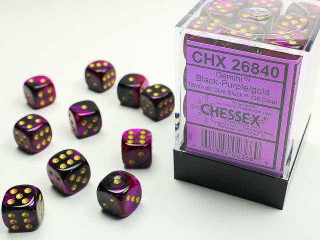 Chessex Gemini Black-Purple/gold 12mm d6 Dice Block (36 dice)