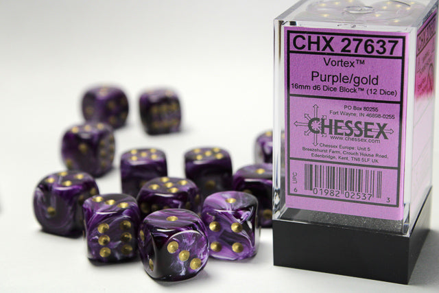 Chessex Vortex Purple/gold 16mm d6 Dice Block (12 dice)