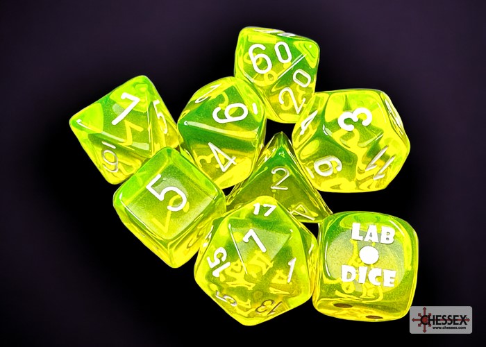 Chessex Translucent Neon Yellow/white Polyhedral 7-Dice Set (with bonus die)