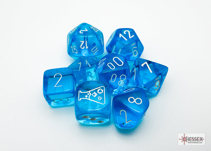 Chessex Translucent Tropical Blue/white Polyhedral 7-Dice Set (with bonus die)