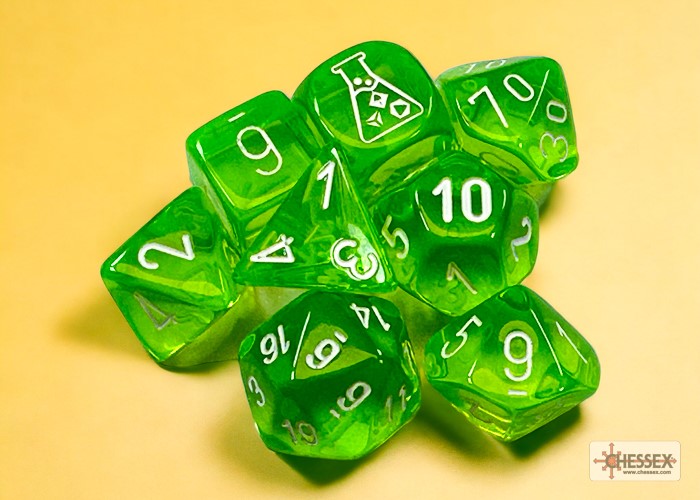 Chessex Translucent Rad Green/white Polyhedral 7-Dice Set (with bonus die)