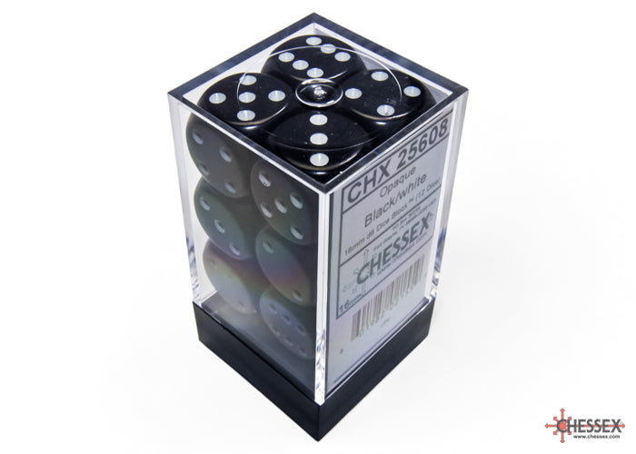 Chessex Opaque Black/white 16mm d6 Dice Block (12 dice)