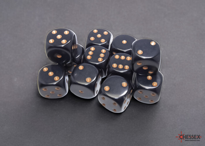 Chessex Opaque Black/gold 16mm d6 Dice Block (12 dice)