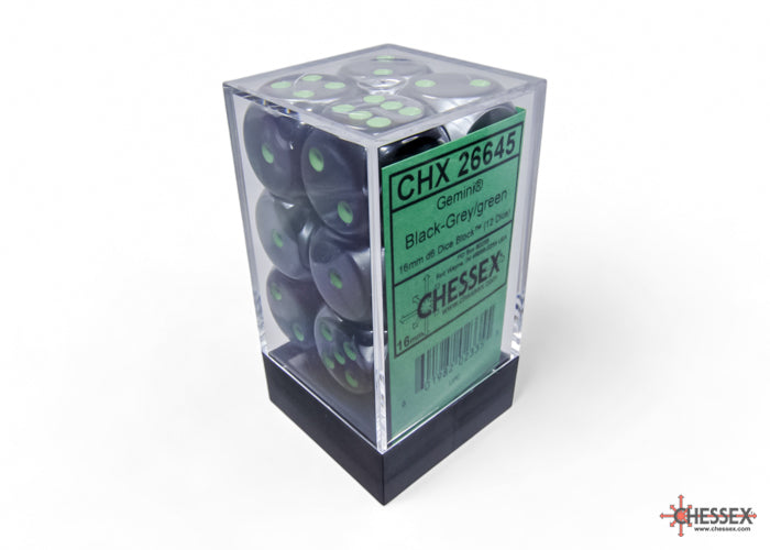 Chessex Gemini Black-Grey/green 16mm d6 Dice Block (12 dice)