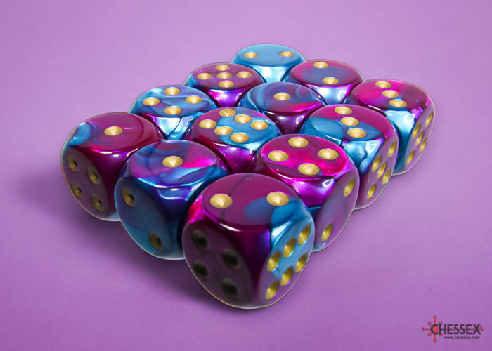 Chessex Gemini Purple-Teal/gold 16mm d6 Dice Block (12 dice)