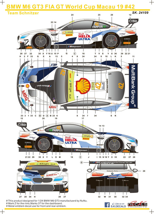 S.K. Decals BMW M6 GT3 FIA GT World Cup Macau 19 Team Schnitzer  - 1/24 Scale