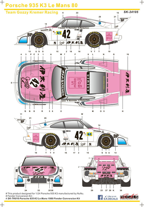 S.K. Decals Porsche 935 K3 Le Mans 80 Team Gozzy Kremer Racing  - 1/24 Scale