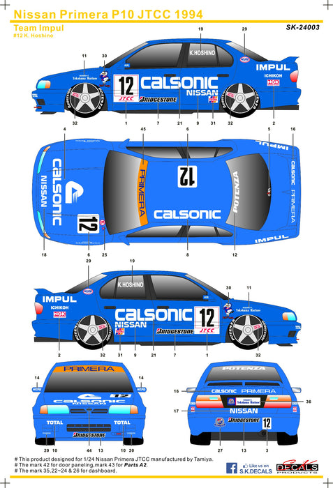 S.K. Decals Nissan Primera Calsonic JTCC Decals (Tamiya)  - 1/24 Scale