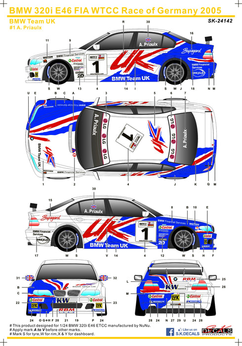 S.K. Decals BMW 320i E46 FIA WTCC Race of Germany 2005 BMW Team UK - 1/24 Scale