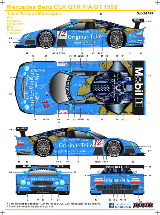 S.K. Decals Mercedes Benz CLK GTR FIA GT 1998 Team Persson Motorsport - 1/24 Scale