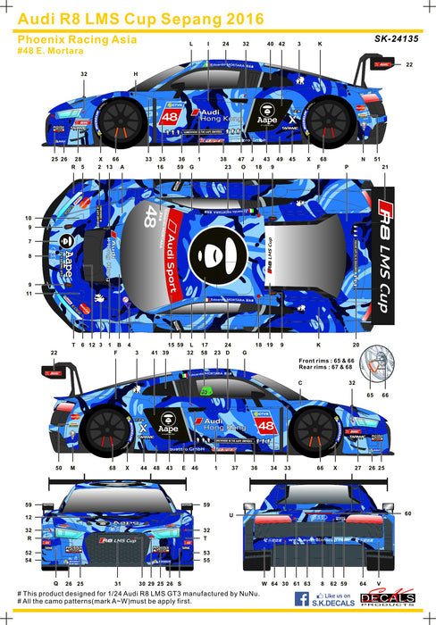 S.K. Decals Audi R8 LMS Cup Sepang 2016 AAPE Phoenix Racing Asia Decals (NuNu) - 1/24 Scale