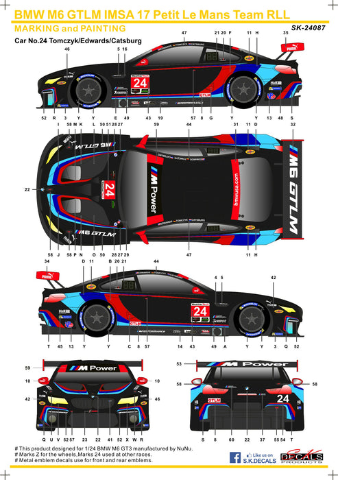 S.K. Decals BMW M6 GTLM IMSA 17 Team RLL Decals (Platz)  - 1/24 Scale