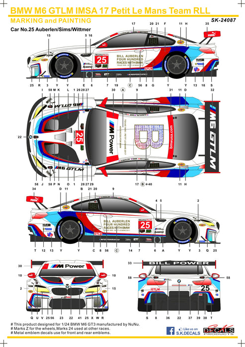 S.K. Decals BMW M6 GTLM IMSA 17 Team RLL Decals (Platz)  - 1/24 Scale