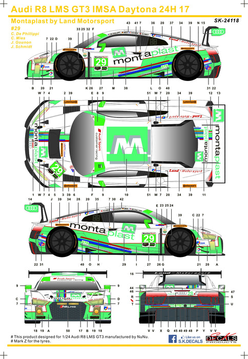 S.K. Decals Audi R8 LMS GT3 IMSA Daytona 24H 17 No.29 Land Motorsport (NuNu) - 1/24 Scale