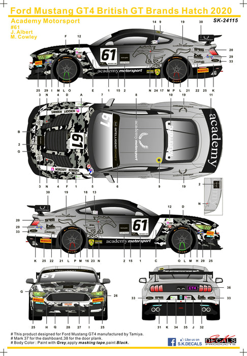 S.K. Decals Ford Mustang GT4 British GT Brands Hatch 2020 Academy Motorsport (Tamiya)  - 1/24 Scale