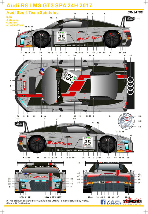 S.K. Decals Audi R8 LMS GT3 Spa 24 Hours 2017 Decals (NuNu)  - 1/24 Scale