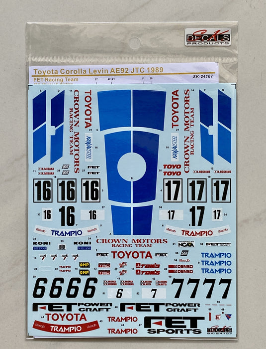 S.K. Decals Toyota Corolla Levin AE92 Gr.A Macau guia 89 Crown Motors Racing Team Decals (NuNu/Beemax) - 1/24 Scale