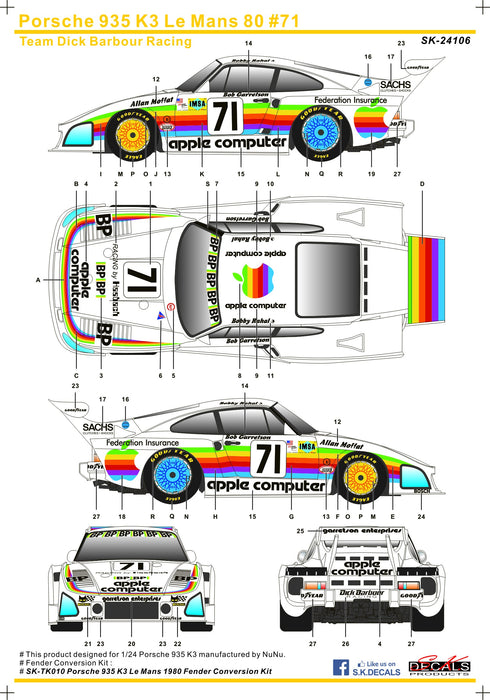 S.K. Decals Porsche 935 K3 Le Mans 80 Team Dick Barbour Racing APPLE Decals (NuNu)  - 1/24 Scale