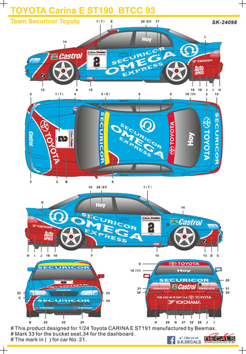 S.K. Decals Toyota Carina E ST191 BTCC 1993 Team Securicor Decals (Beemax) c/w WHEELS  - 1/24 Scale