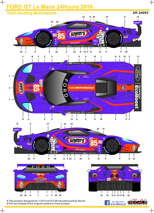 S.K. Decals Wynn's/Keatings No.85 Ford GT Le Mans Decals  - 1/24 Scale