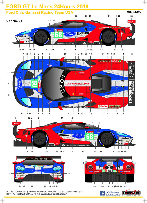 S.K. Decals Ford GT No. 69 No. 68 24 Hours Le Mans 2019 (Team USA) - 1/24 Scale