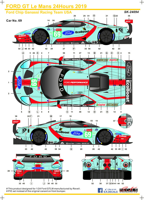 S.K. Decals Ford GT No. 69 No. 68 24 Hours Le Mans 2019 (Team USA) - 1/24 Scale