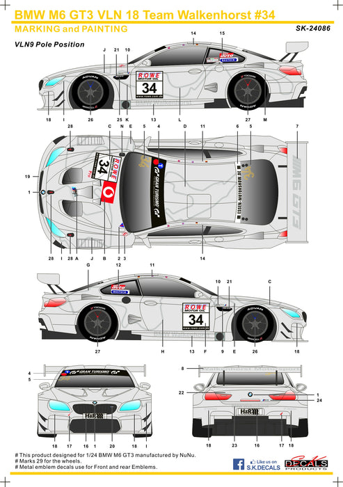 S.K. Decals BMW M6 GT3 VLN 18 Team Walkenhorst No.34 Decals (Platz)  - 1/24 Scale