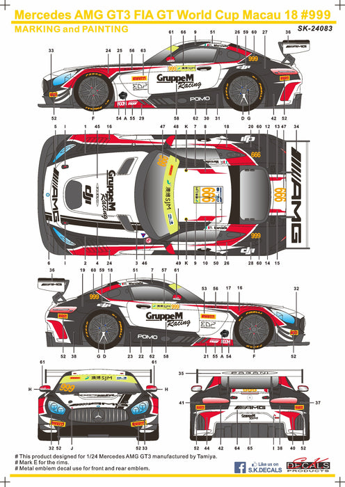 S.K. Decals Mercedes-AMG GT3 Macau 2018 No. 999 GruppeM Racing Decals (Tamiya) - 1/24 Scale