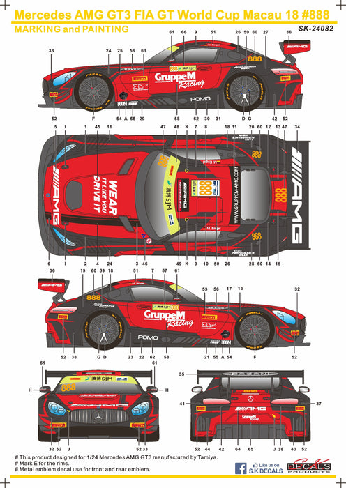 S.K. Decals Mercedes-AMG GT3 Macau 2018 No.888 GruppeM Racing Decals (Tamiya)  - 1/24 Scale