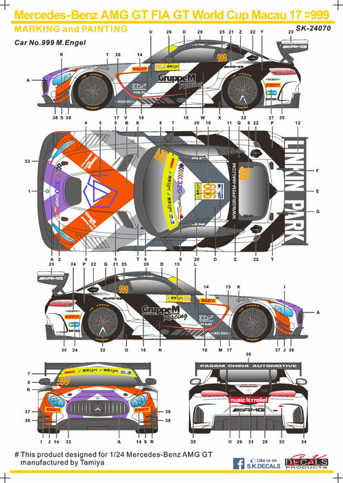 S.K. Decals Mercedes-Benz AMG GT FIA GT World Cup Macau 17 No.999  - 1/24 Scale