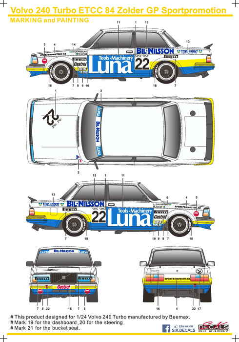 S.K. Decals Volvo 240 Tubro ETCC 84 Zolder GP Sportpromotion Decals (Beemax) - 1/24 Scale