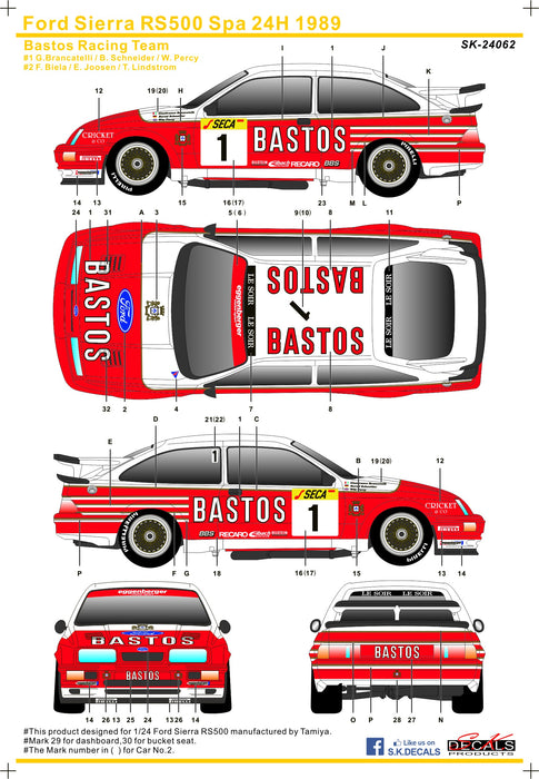 S.K. Decals Ford Sierra RS500 Spa 24H 1989 Bastos Decals (Tamiya) - 1/24 Scale