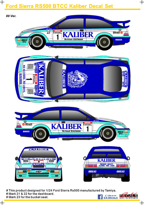 S.K. Decals Ford Sierra RS500 Kaliber No.22 No.1 Decal (Tamiya) c/w Resin Dash - 1/24 Scale