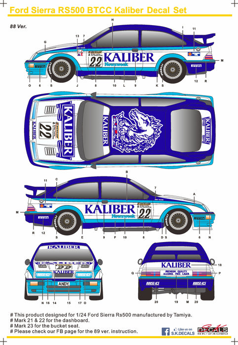 S.K. Decals Ford Sierra RS500 Kaliber No.22 No.1 Decal (Tamiya) c/w Resin Dash - 1/24 Scale