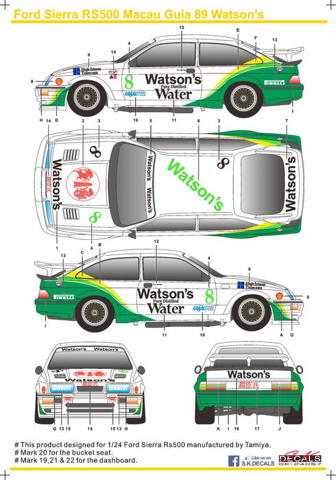 S.K. Decals Ford Sierra RS500 Macau Guia 89 Watson's Decals (Tamiya) c/w Resin Dash - 1/24 Scale