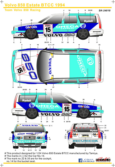 S.K. Decals Volvo 850 Estate BTCC 1994 (Omega Express) Decals (Tamiya) - 1/24 Scale