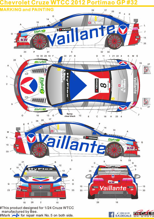 S.K. Decals Chevrolet Cruze WTCC 12 Portimao GP No.8 Vaillante Decals for (Beemax) - 1/24 Scale