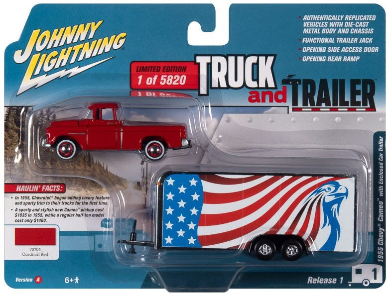 Johnny Lightning 1955 Chevy Cameo Pickup with Trailer 2021 Release 1A - 1:64 Diecast