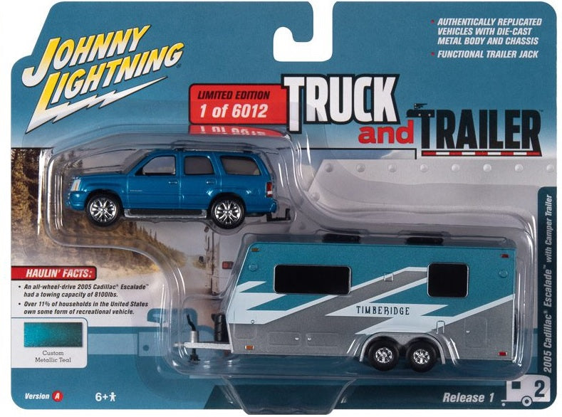 Johnny Lightning 2005 Cadillac Escalade Blue with Camper Trailer 2021 Release 1A - 1:64 Diecast
