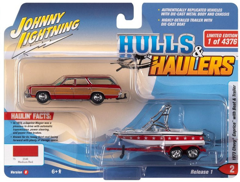 Johnny Lightning Hulls and Haulers 1973 Chevy Caprice with Boat and Trailer 2021 Release 1B - 1:64 Diecast