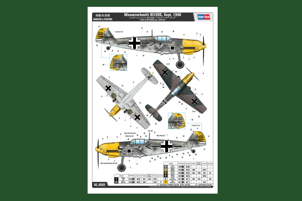 HobbyBoss Messerschmitt Bf109E, Sept, 1940 - 1/18 Scale Model Kit